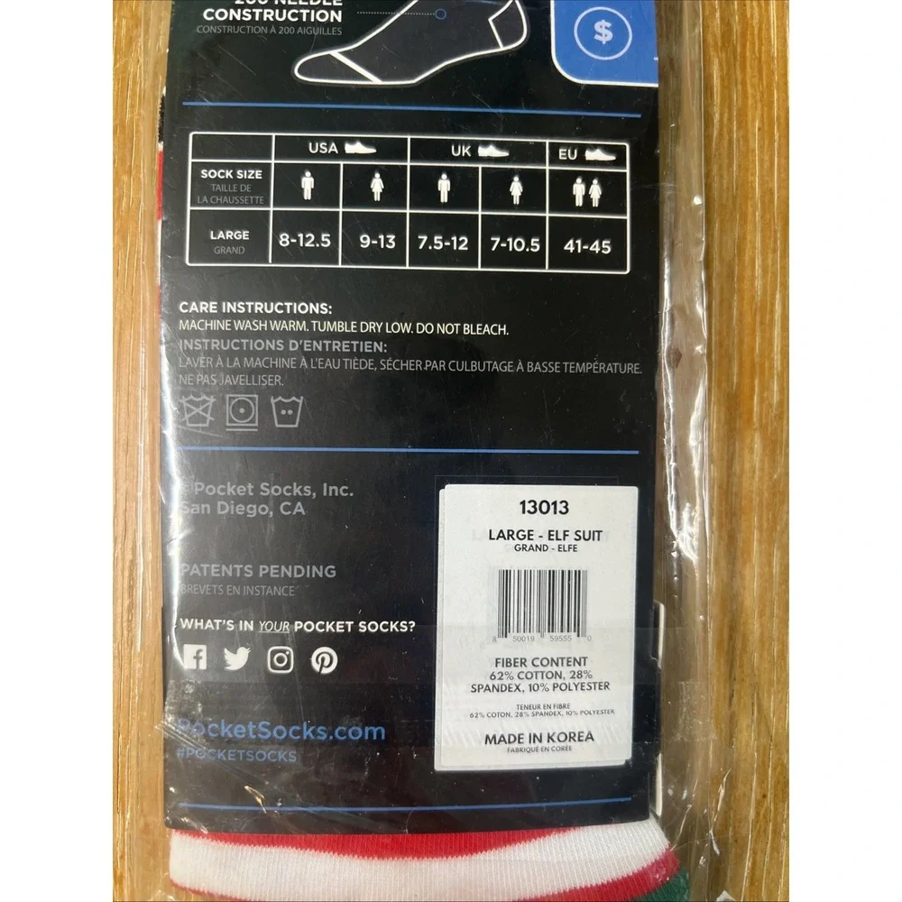 Pocket Socks Men's Large Crew - Elf‎ Christmas Zipper Gag Gift